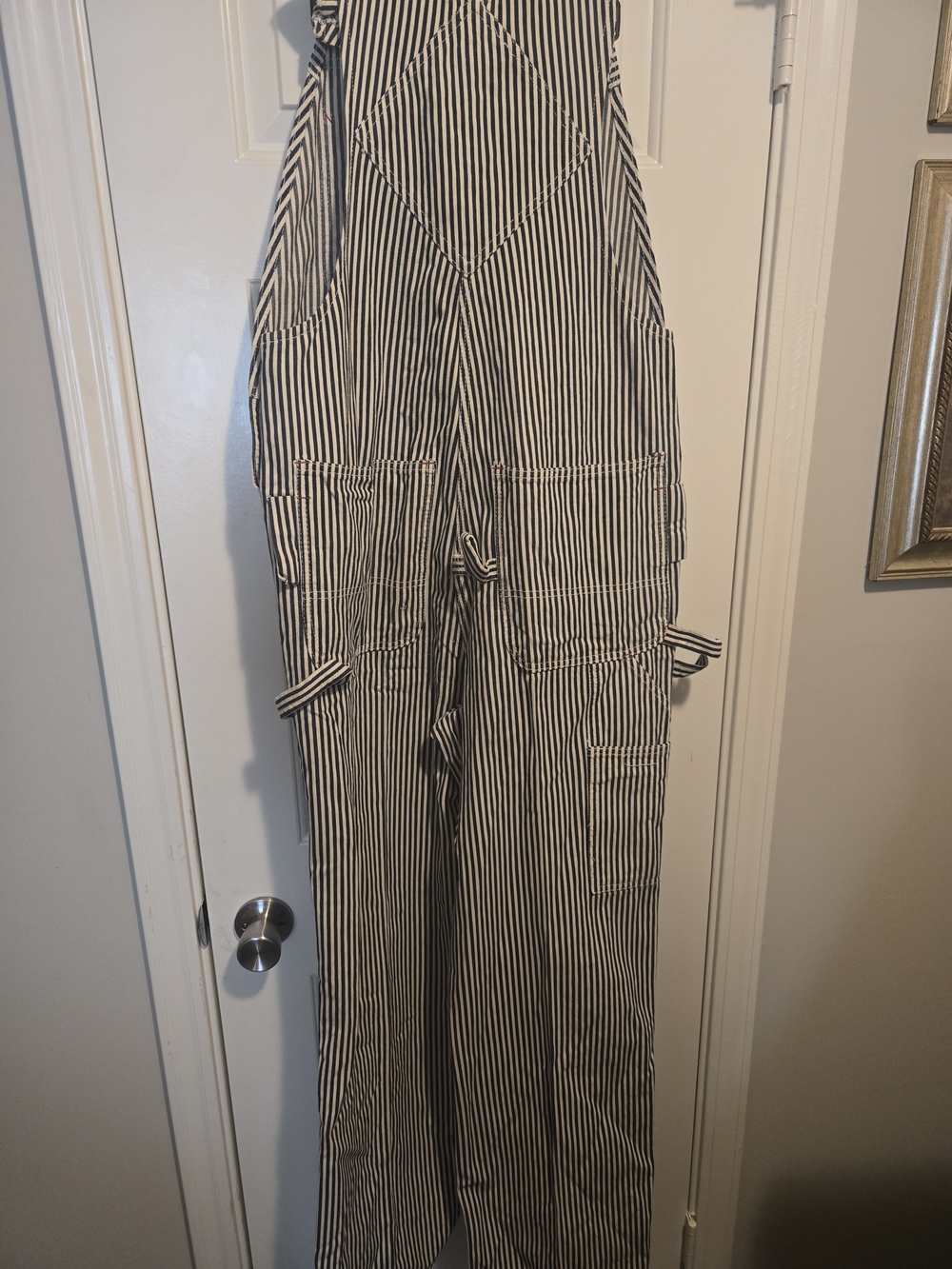 Men's Striped Blue & White Overalls with Adjustable Straps - Picture 5 of 6